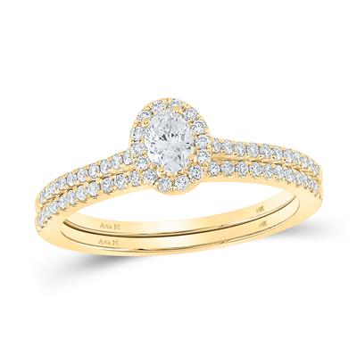 14k White Gold Oval Diamond Halo Bridal Engagement Set - 1/2TW