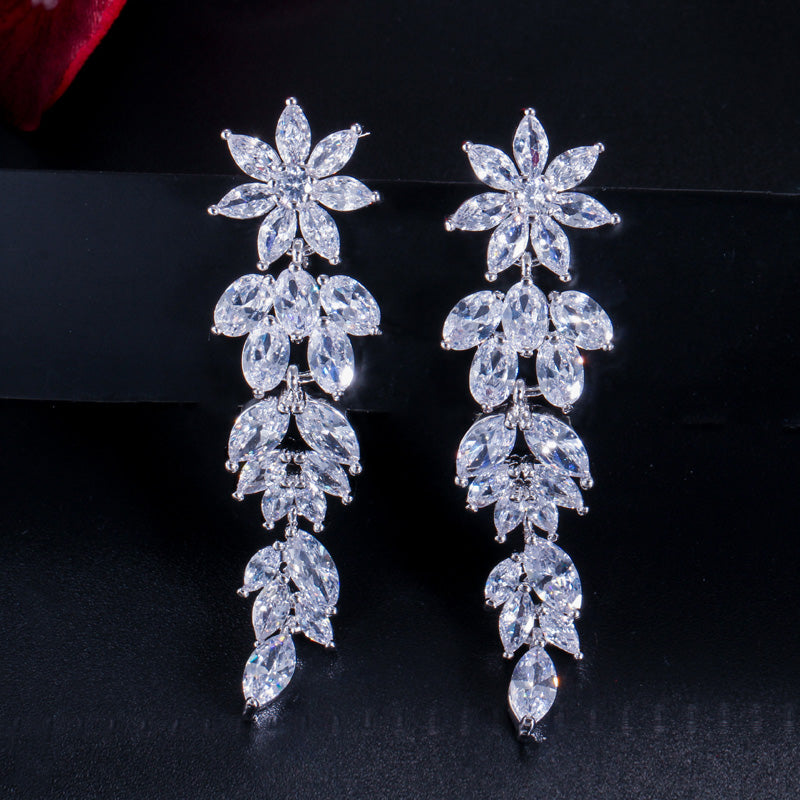 Trendy Luxury Marquise Cut CZ Flower Cluster Earrings – Long Dangle Drop Bridal Jewelry for Weddings