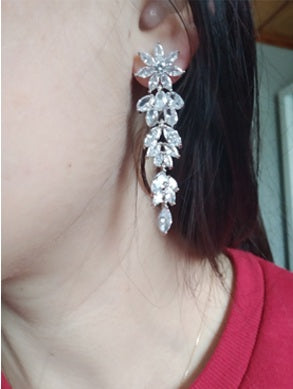 Trendy Luxury Marquise Cut CZ Flower Cluster Earrings – Long Dangle Drop Bridal Jewelry for Weddings