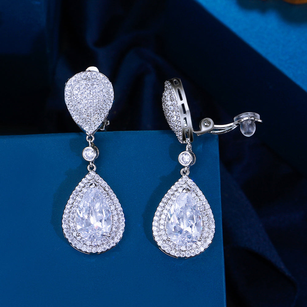 Elegant Clip-On Water Drop CZ Earrings – No Hole Bridal Cubic Zirconia Wedding Earrings for Women