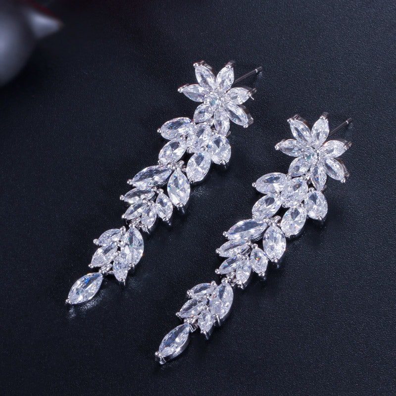 Trendy Luxury Marquise Cut CZ Flower Cluster Earrings – Long Dangle Drop Bridal Jewelry for Weddings