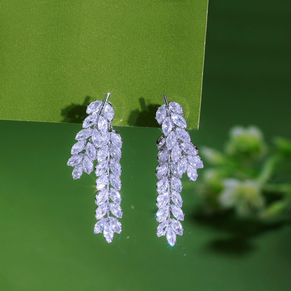 Creative Marquise Cut CZ Cluster Leaf Earrings – Long Fringed Bridal Dangle Drop Earrings for Women’s Wedding Jewelry