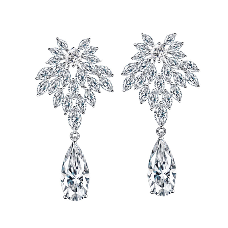 Dazzling White Gold Plated CZ Drop Earrings – Long Bridal Wedding Earrings for Women & Banquet Parties