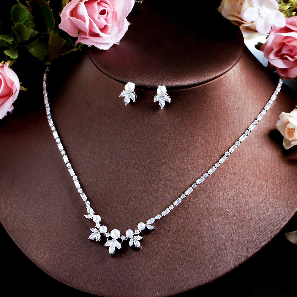 Gorgeous CZ Crystal Paved Pearl Leaf Jewelry Set – Necklace & Earrings for Women’s Wedding & Party Wear