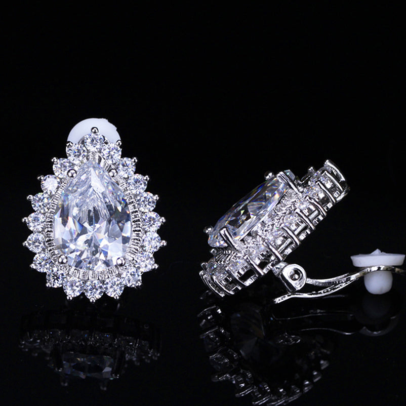 Shiny Pear Cut CZ Clip-On Earrings – No Piercing Stud Earrings for Women’s Wedding & Dress Accessories