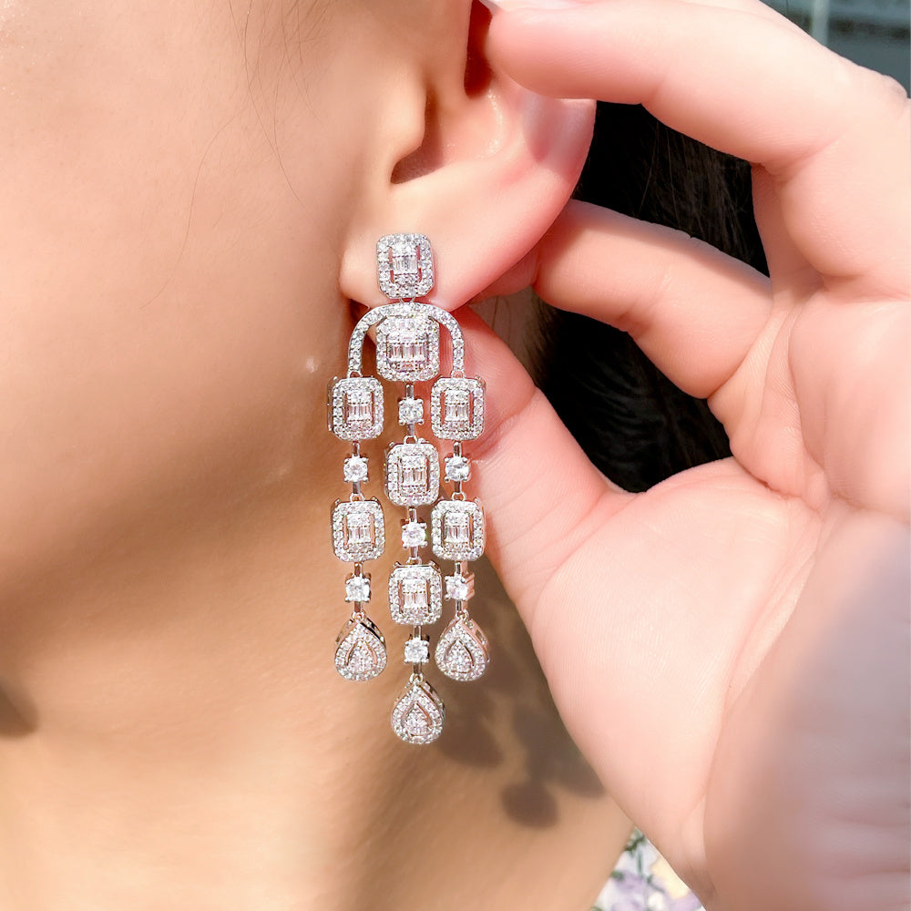 Elegant CZ Pave Tassel Dangle Earrings – Long Luxury Bridal Drop Earrings for Women’s Wedding Jewelry