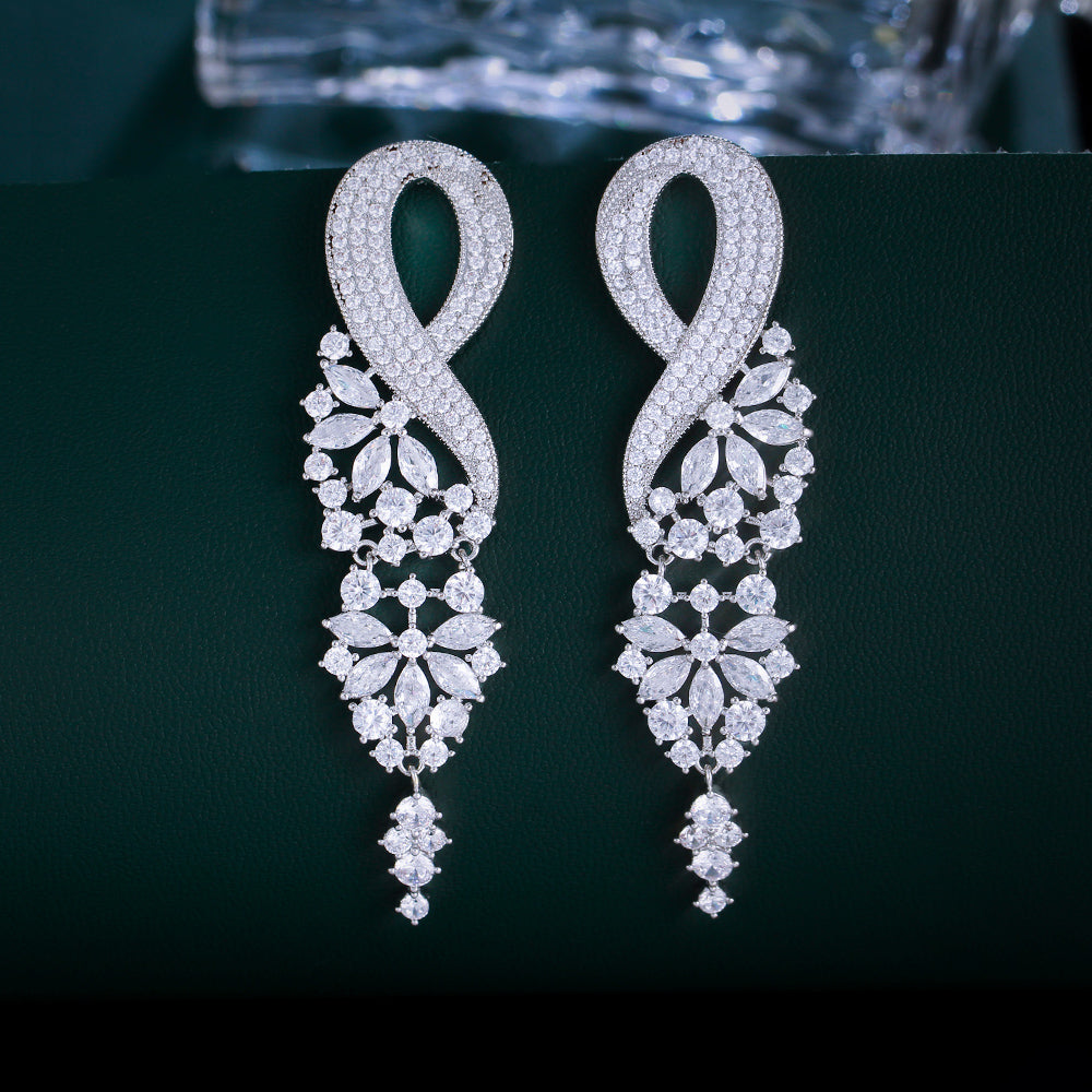 Sparkling Extra Long Leaf Bridal Earrings – White Cubic Zirconia Pave Post Earrings for Wedding & Evening Party Wear