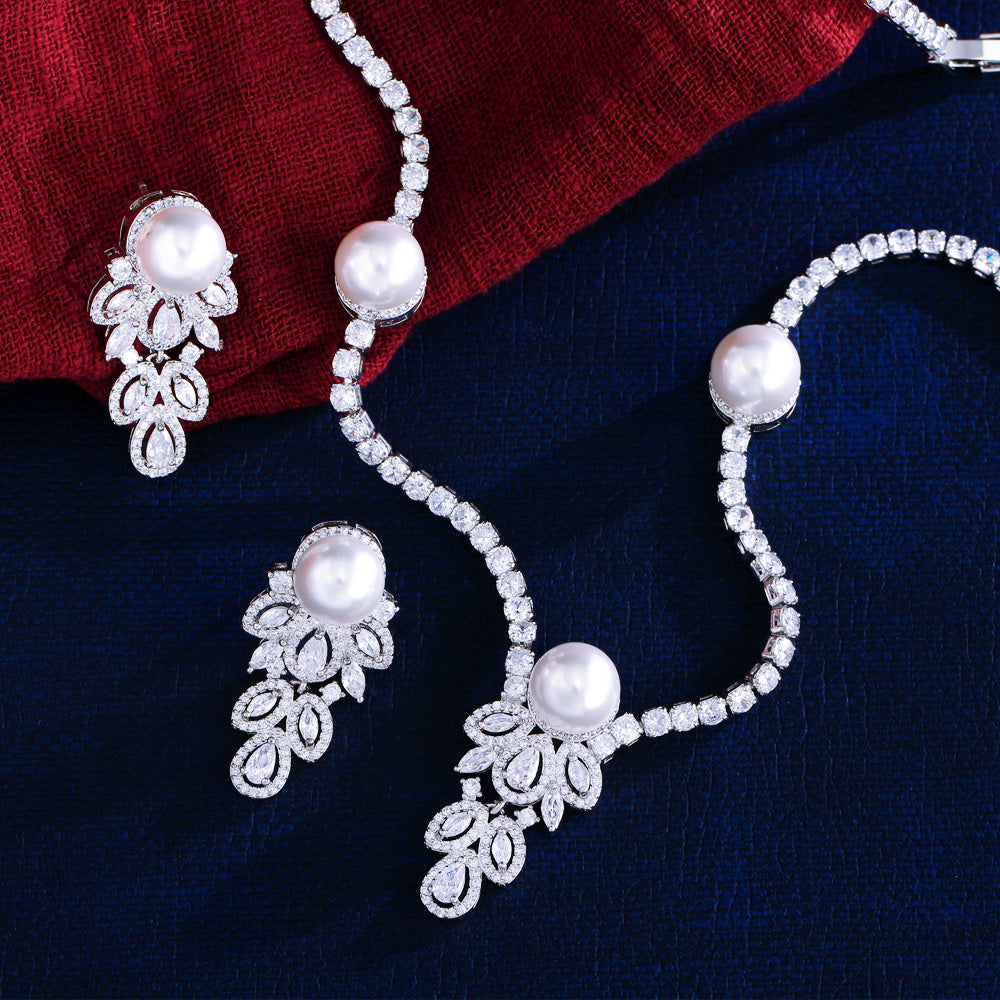 Cubic Zirconia & Pearl Bridal Jewelry Set – Elegant Wedding Necklace and Earrings for Women