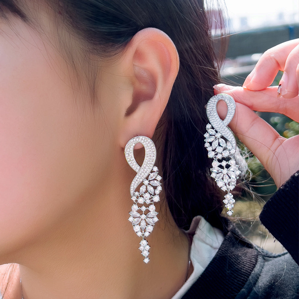 Sparkling Extra Long Leaf Bridal Earrings – White Cubic Zirconia Pave Post Earrings for Wedding & Evening Party Wear