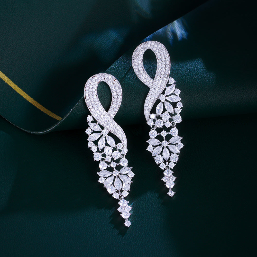 Sparkling Extra Long Leaf Bridal Earrings – White Cubic Zirconia Pave Post Earrings for Wedding & Evening Party Wear