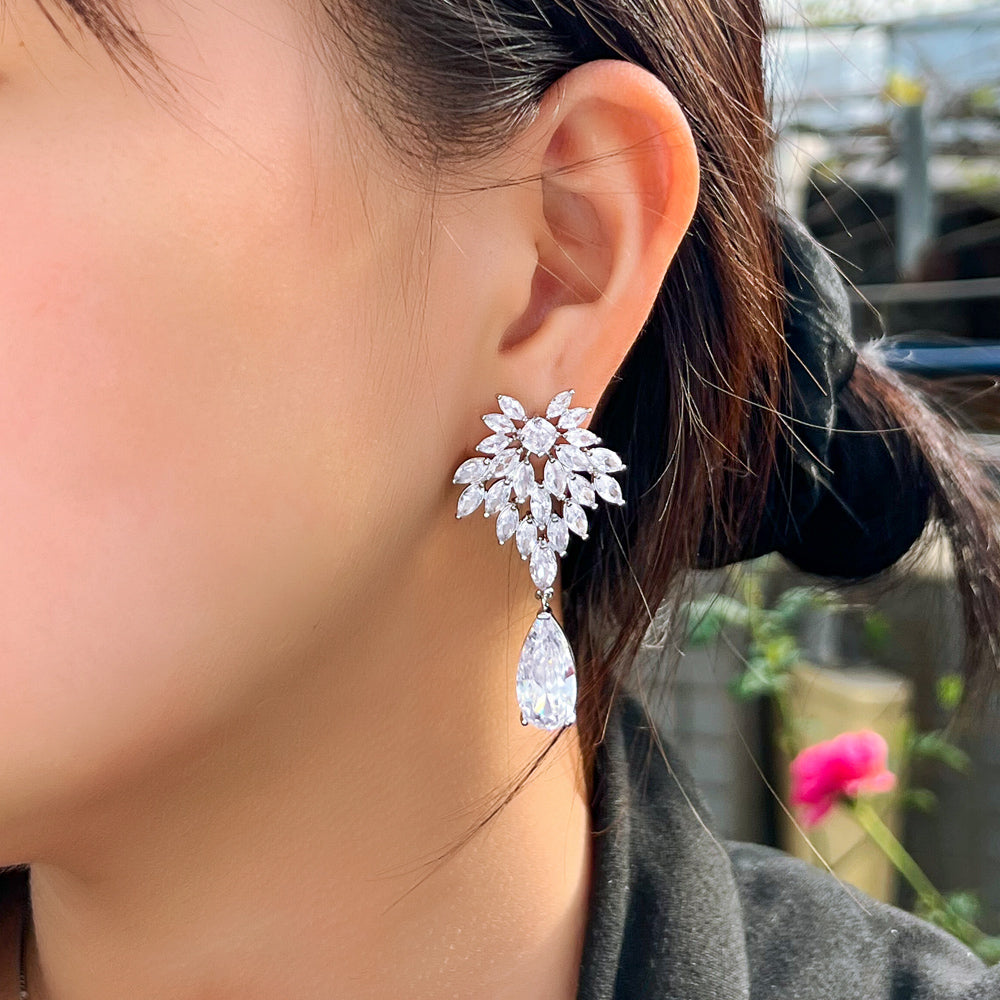 Dazzling White Gold Plated CZ Drop Earrings – Long Bridal Wedding Earrings for Women & Banquet Parties