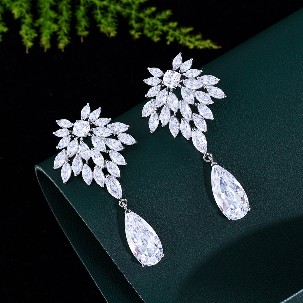Dazzling White Gold Plated CZ Drop Earrings – Long Bridal Wedding Earrings for Women & Banquet Parties
