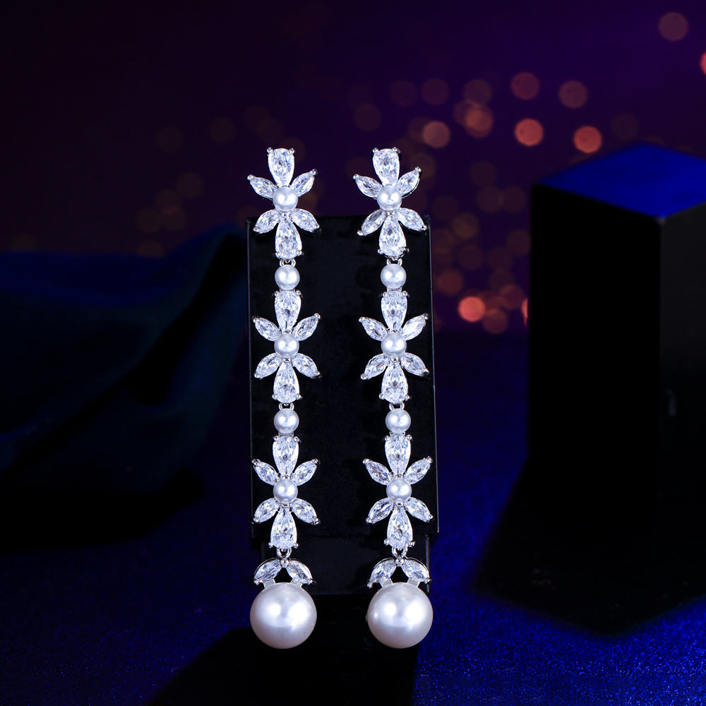 Luxury Rhodium Plated CZ & Imitation Pearl Floral Drop Earrings – Bridal Long Earrings for Wedding Dresses
