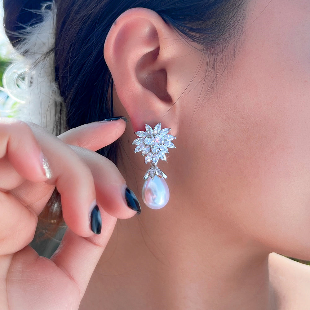 Sparkling CZ & Pearl Drop Earrings – Silver Plated Bridal Dangle Earrings for Women’s Wedding Accessories
