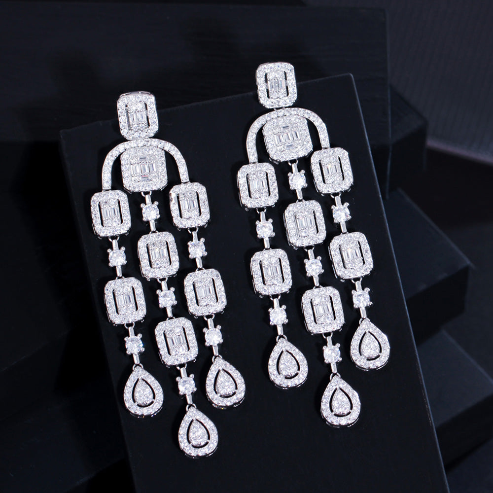 Elegant CZ Pave Tassel Dangle Earrings – Long Luxury Bridal Drop Earrings for Women’s Wedding Jewelry