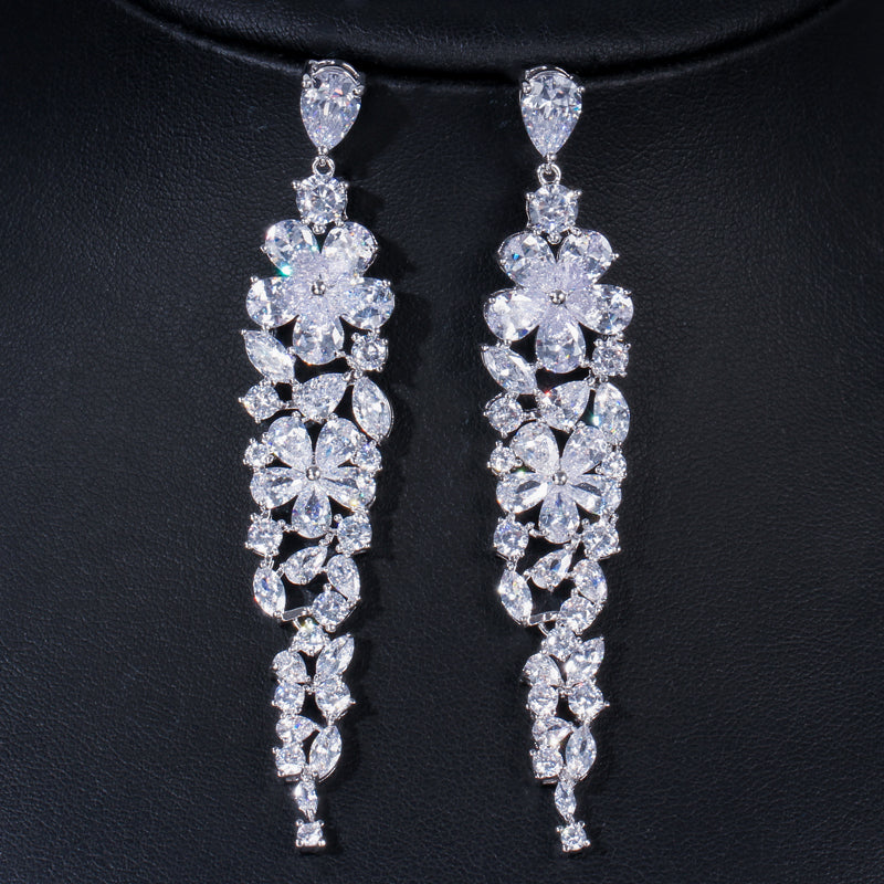 Silver Color Long Bridal Earrings – Paved with Sparkling White Cubic Zirconia Stones for Wedding & Party Wear
