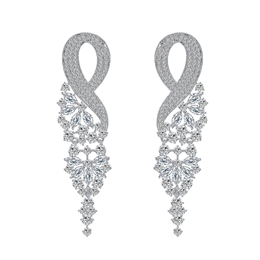 Sparkling Extra Long Leaf Bridal Earrings – White Cubic Zirconia Pave Post Earrings for Wedding & Evening Party Wear