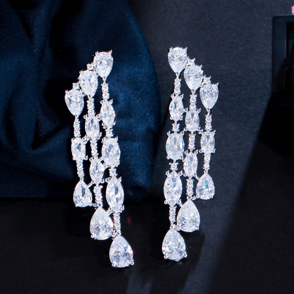 Geometric Water Drop CZ Pave Long Earrings – 3-Line Micro Cubic Zirconia Bridal & Party Jewelry for Women