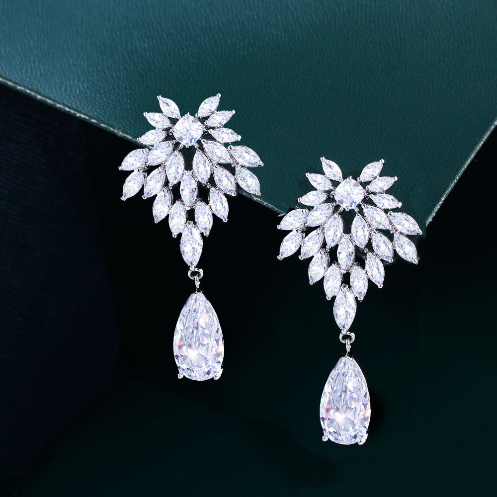 Dazzling White Gold Plated CZ Drop Earrings – Long Bridal Wedding Earrings for Women & Banquet Parties