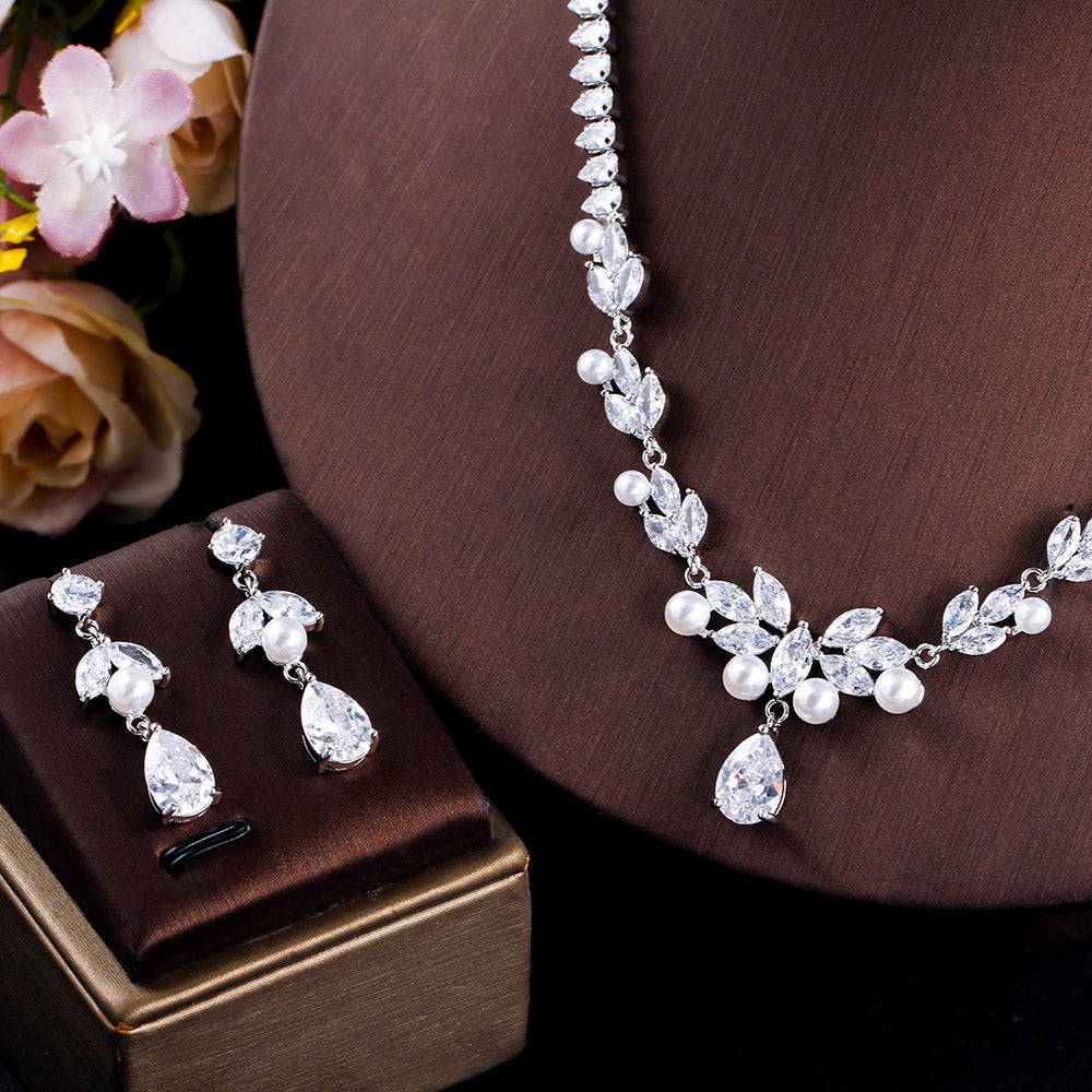 Hawaiian Pearl with Cubic Zirconia Crystal Bridal Jewelry Set – Silver Plated Necklace & Dangle Earrings for Women