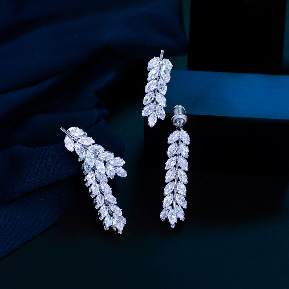 Creative Marquise Cut CZ Cluster Leaf Earrings – Long Fringed Bridal Dangle Drop Earrings for Women’s Wedding Jewelry