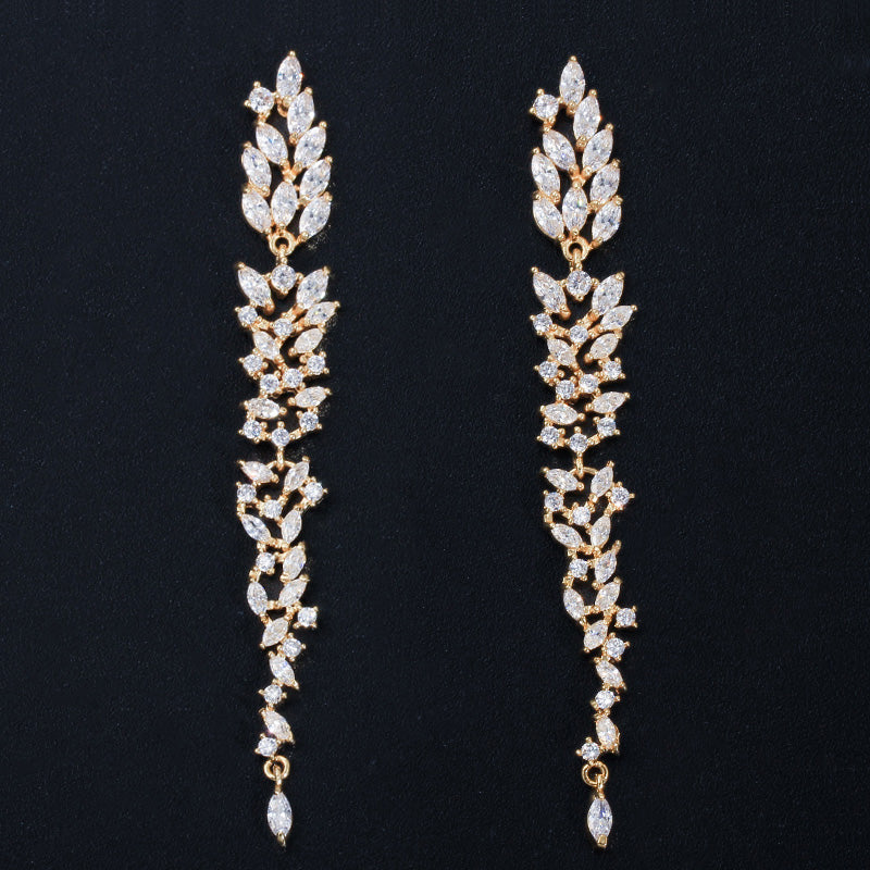 Exquisite 18K Gold Plated Leaf Design CZ Long Dangle Earrings – Elegant Wedding & Party Jewelry for Women