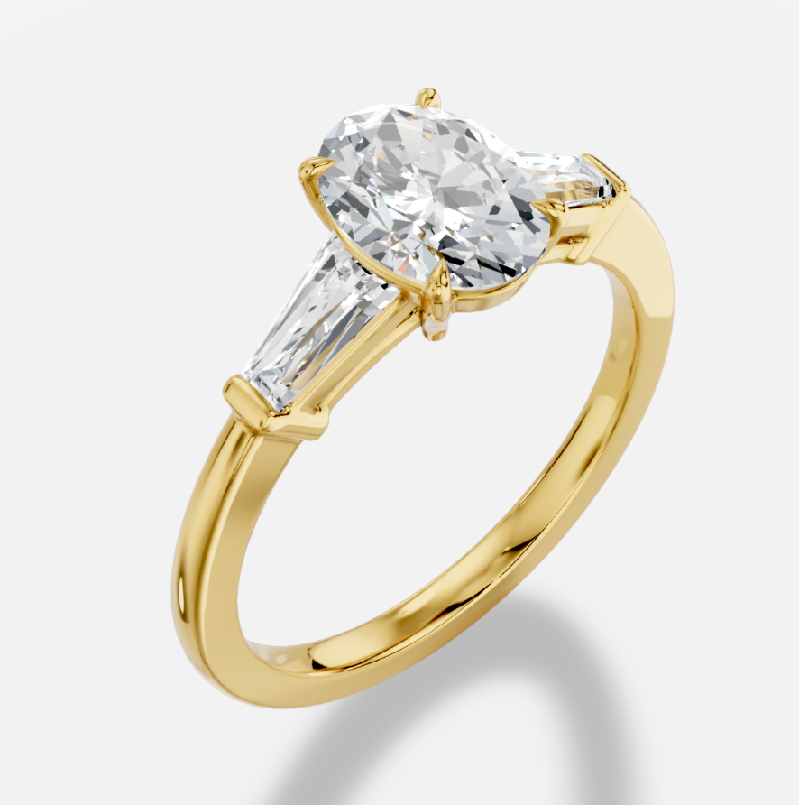 14K Oval 3-Stone Engagement Ring – 1.00 CT Center with 0.50 CT Tapered Baguettes