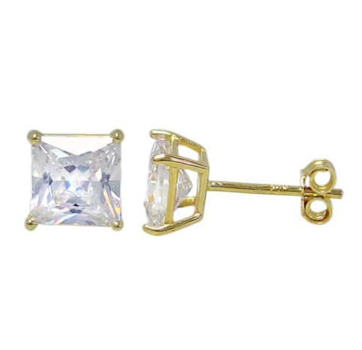 925 Sterling Silver Cubic Zirconia Stud Earrings - Square- Yellow