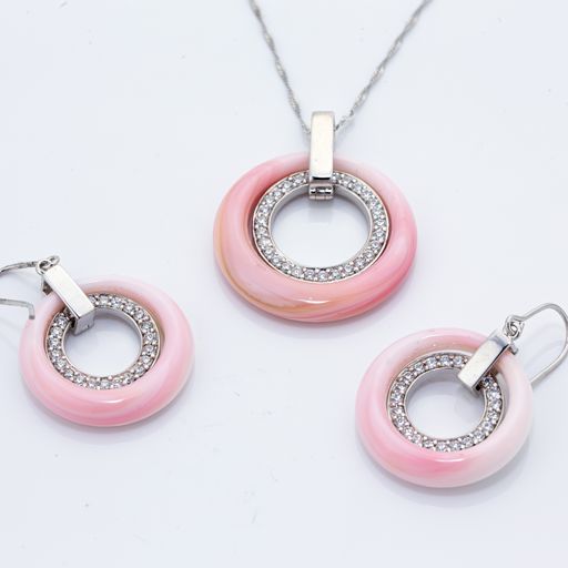 925 Sterling Silver Set - Round Pink Mother of Pearl Earring and Pendant