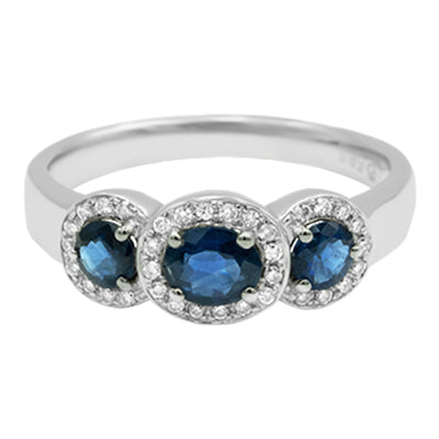 14K Three Stone Sapphire Engagement Ring with Diamonds