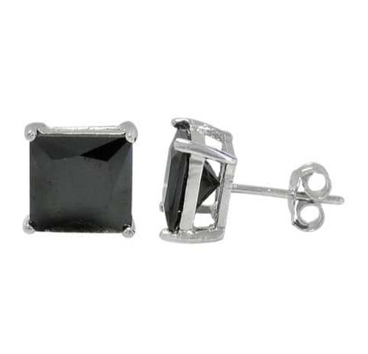 Silver Square CZ Black Stud Earrings