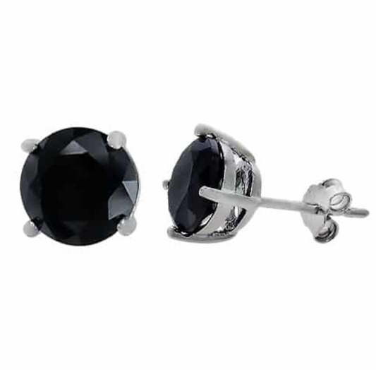 Silver Round CZ Black Stud Earrings