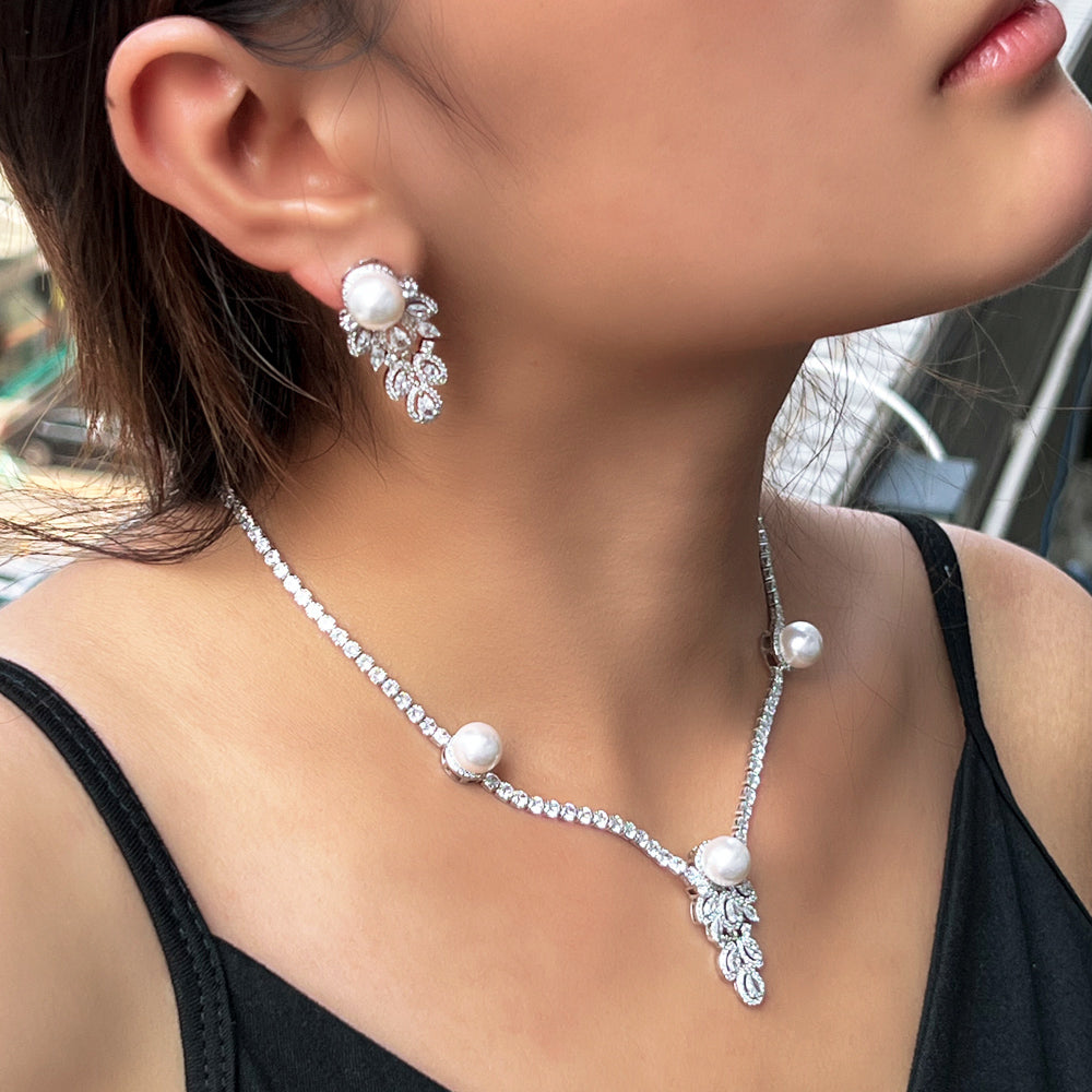 Cubic Zirconia & Pearl Bridal Jewelry Set – Elegant Wedding Necklace and Earrings for Women