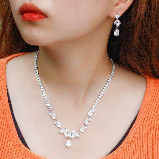Hawaiian Pearl with Cubic Zirconia Crystal Bridal Jewelry Set – Silver Plated Necklace & Dangle Earrings for Women