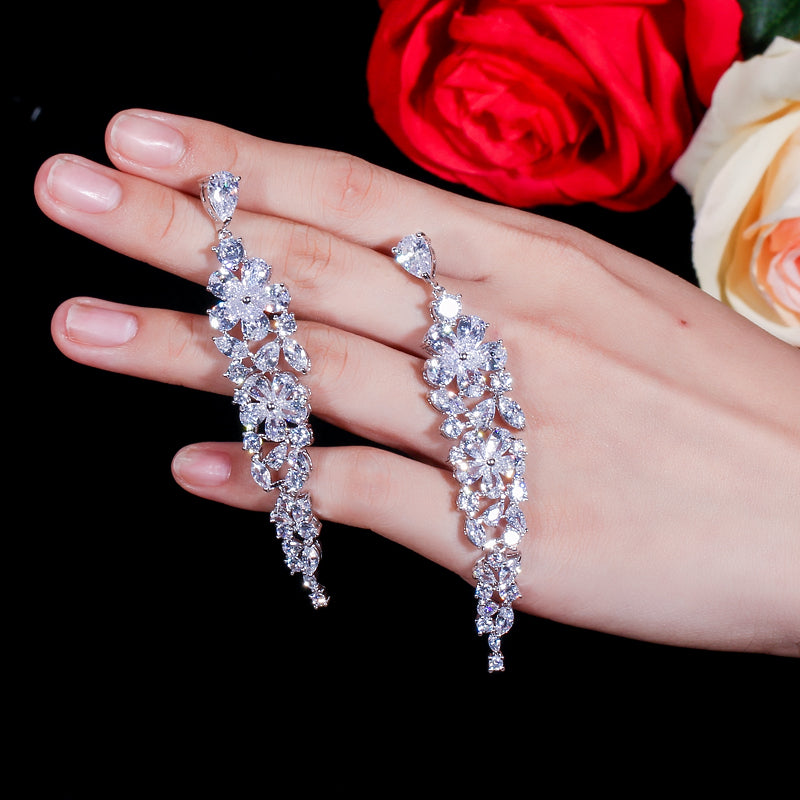 Silver Color Long Bridal Earrings – Paved with Sparkling White Cubic Zirconia Stones for Wedding & Party Wear