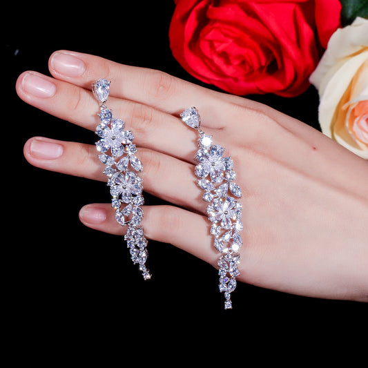 Silver Color Long Bridal Earrings – Paved with Sparkling White Cubic Zirconia Stones for Wedding & Party Wear
