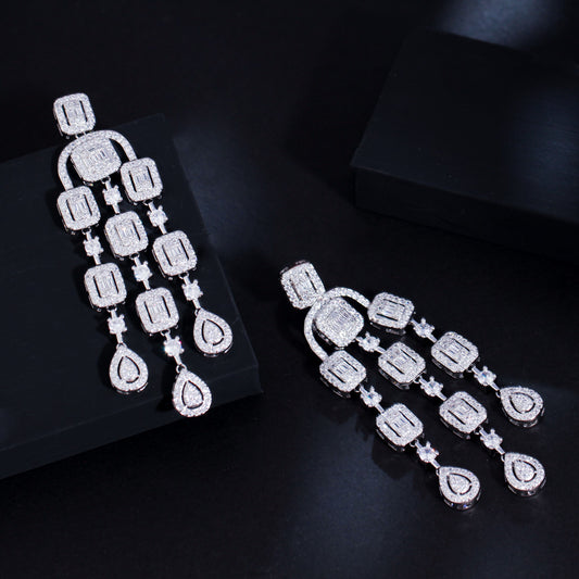 Elegant CZ Pave Tassel Dangle Earrings – Long Luxury Bridal Drop Earrings for Women’s Wedding Jewelry