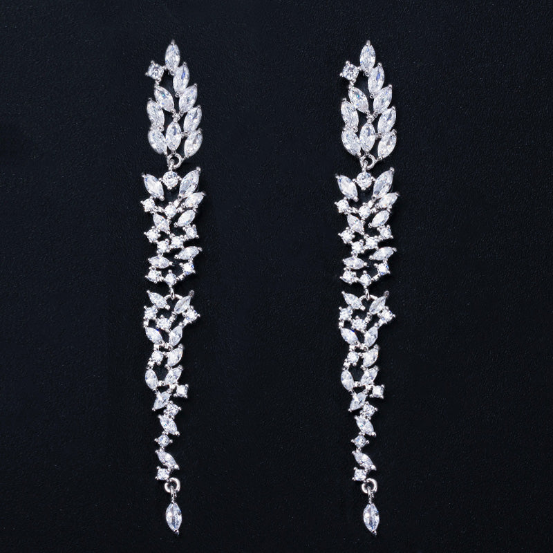 Exquisite 18K Gold Plated Leaf Design CZ Long Dangle Earrings – Elegant Wedding & Party Jewelry for Women