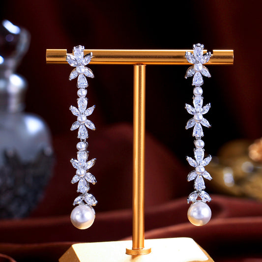 Luxury Rhodium Plated CZ & Imitation Pearl Floral Drop Earrings – Bridal Long Earrings for Wedding Dresses