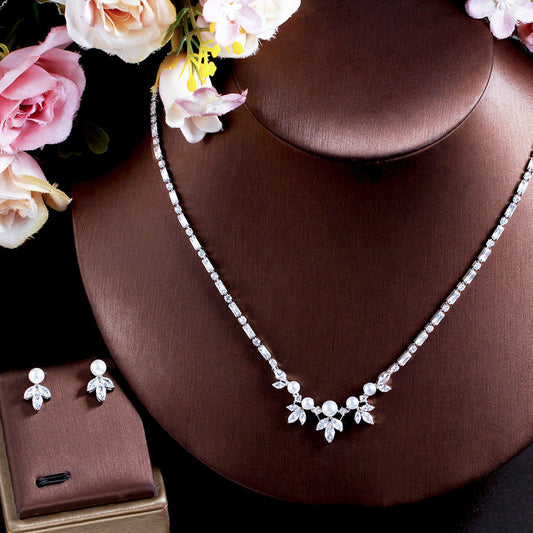 Gorgeous CZ Crystal Paved Pearl Leaf Jewelry Set – Necklace & Earrings for Women’s Wedding & Party Wear