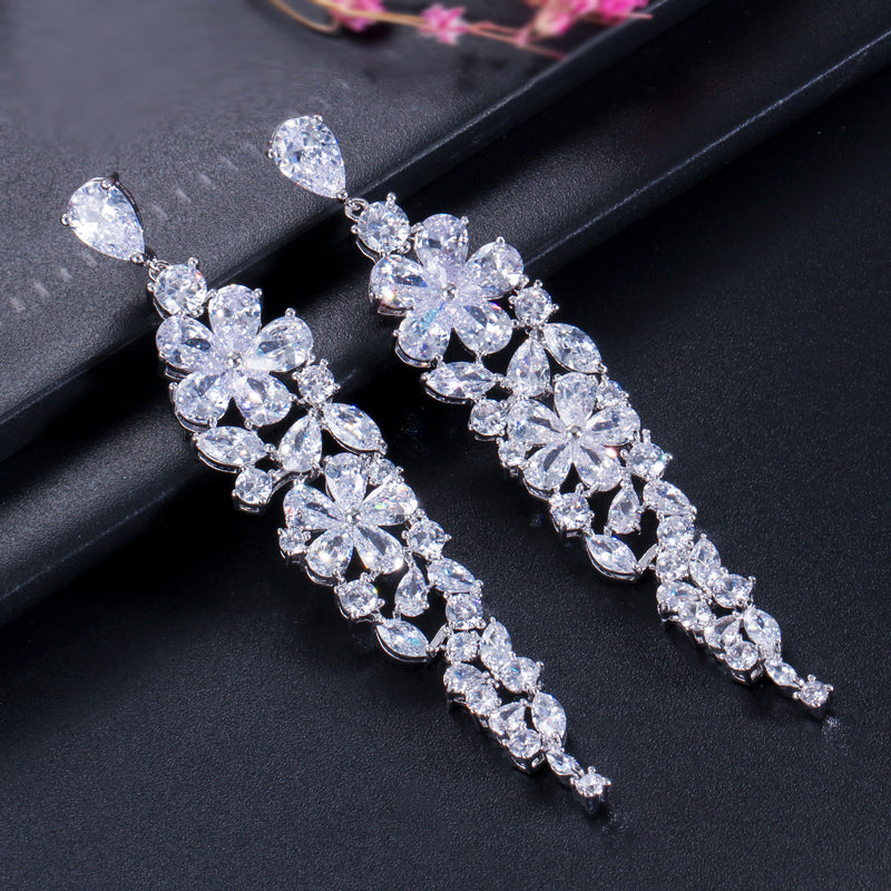 Silver Color Long Bridal Earrings – Paved with Sparkling White Cubic Zirconia Stones for Wedding & Party Wear
