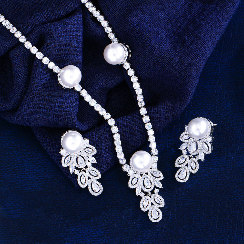 Cubic Zirconia & Pearl Bridal Jewelry Set – Elegant Wedding Necklace and Earrings for Women