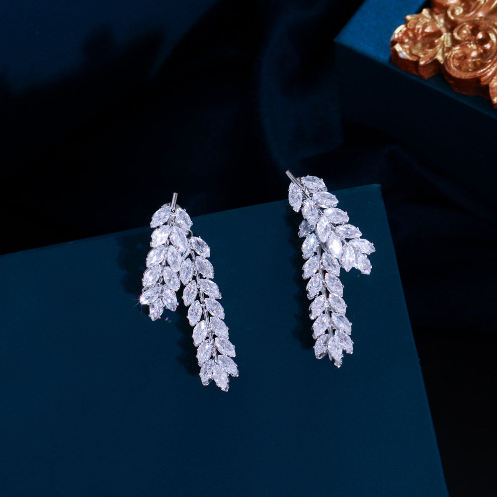 Creative Marquise Cut CZ Cluster Leaf Earrings – Long Fringed Bridal Dangle Drop Earrings for Women’s Wedding Jewelry
