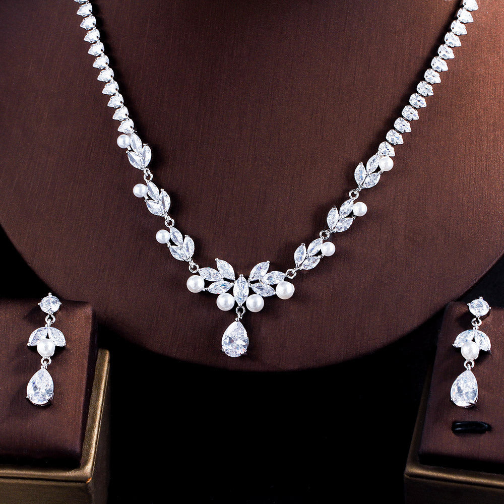 Hawaiian Pearl with Cubic Zirconia Crystal Bridal Jewelry Set – Silver Plated Necklace & Dangle Earrings for Women