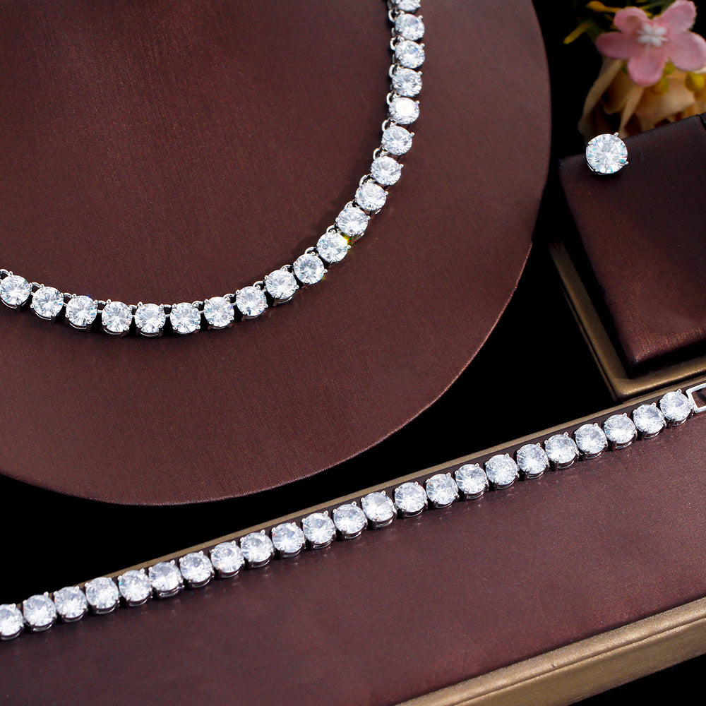 3-Piece Sparkling CZ Tennis Jewelry Set – White Round Cubic Zirconia Necklace, Bracelet & Earrings for Women