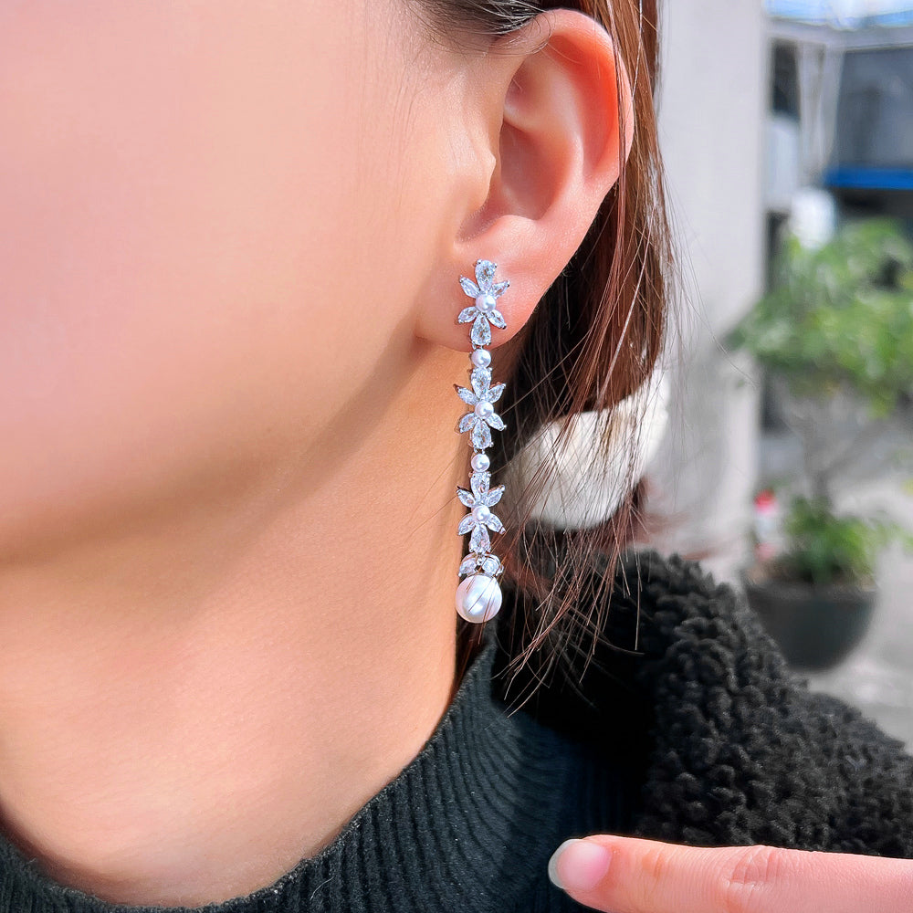 Luxury Rhodium Plated CZ & Imitation Pearl Floral Drop Earrings – Bridal Long Earrings for Wedding Dresses