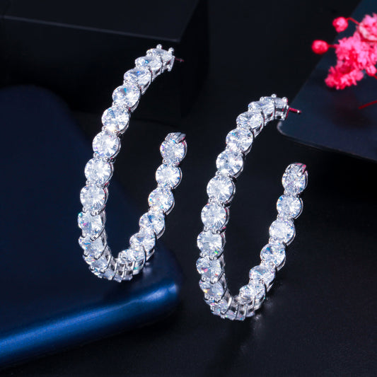 Bling Iced Out CZ Large Hoop Earrings – Round Cubic Zirconia Luxury Bridal & Party Jewelry for Women