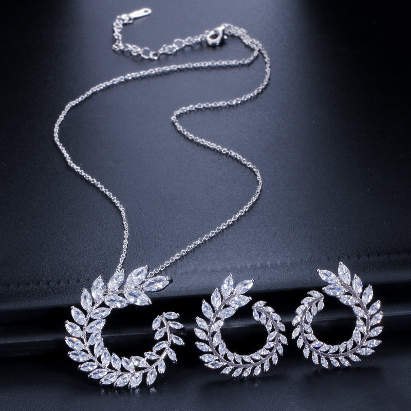 Sparkly Cubic Zirconia Leaf Necklace & Earring Set – Marquise Cut Olive Branch Design Jewelry for Women