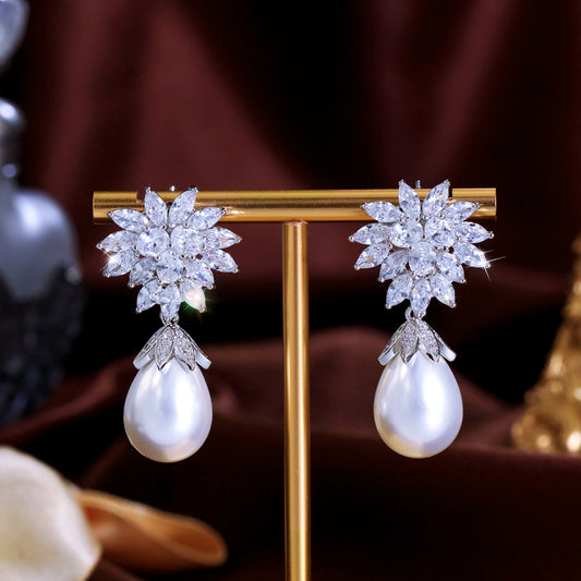 Sparkling CZ & Pearl Drop Earrings – Silver Plated Bridal Dangle Earrings for Women’s Wedding Accessories