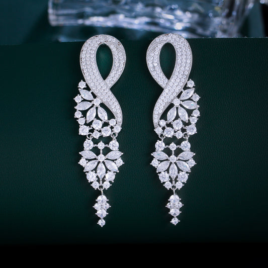 Sparkling Extra Long Leaf Bridal Earrings – White Cubic Zirconia Pave Post Earrings for Wedding & Evening Party Wear